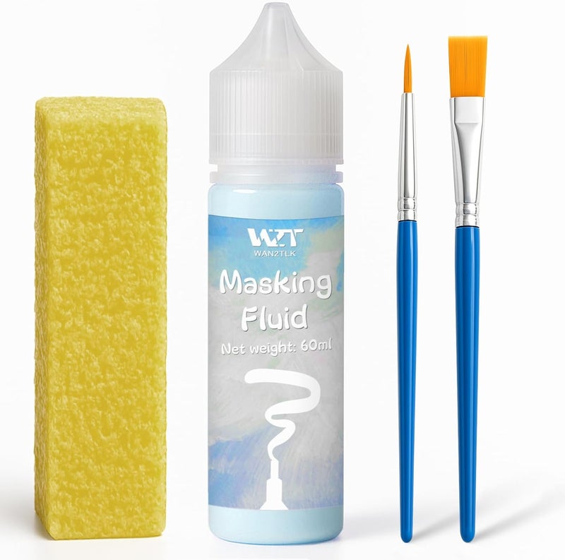 WAN2TLK Masking Fluid for Watercolor Painting 60ml Blue with a Paintbrush and Eraser - Art Masking Fluid Pen Watercolor Medium Art Supplies for Artists - Image 1